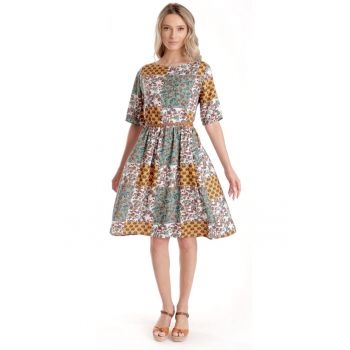 Rochie Medie Dama V275 - Imprimeu Combinat Crem - Mustar si Verde