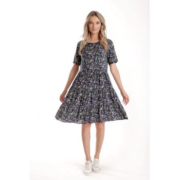 Rochie cu Volane Dama V277 - Bleumarin Imprimeu Floral Lila ieftina