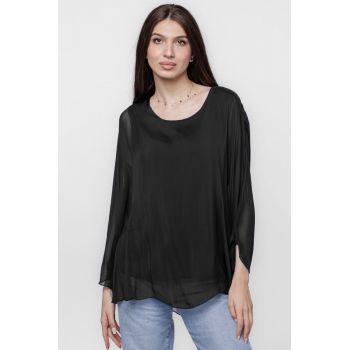 Bluza din matase naturala cu maneca clopot, neagra