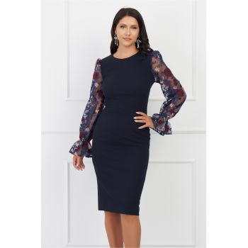 Rochie DY Fashion bleumarin cu trandafiri bordo pe maneci ieftina