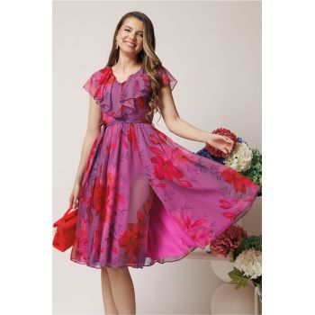 Rochie DY Fashion mov din voal cu imprimeu fucsia si cordon in talie