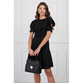 Rochie DY Fashion neagra cu pliuri pe bust si volane pe maneci