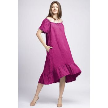 Rochie in colturi din in magenta, cu decolteu pe elastic si volan la poale ieftina