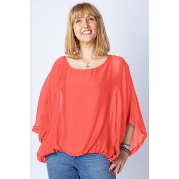 Bluza corai din matase naturala cu maneca fluture