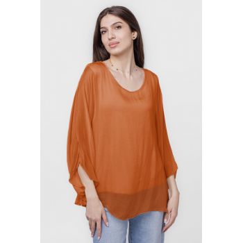 Bluza din matase naturala cu maneca evazata si dublura, caramiziu
