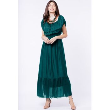 Rochie lunga, turcoaz inchis, din matase naturala, cu volan pe umeri