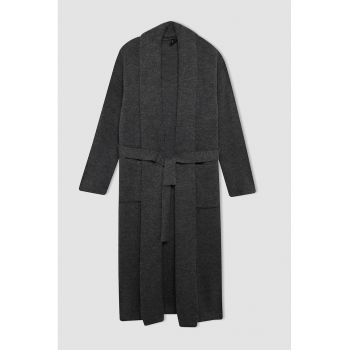 Cardigan lung cu cordon in talie