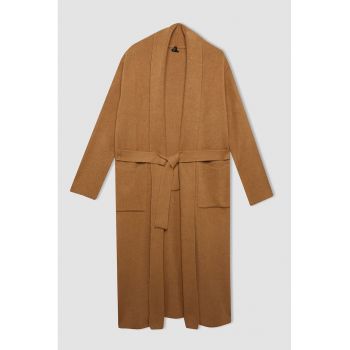 Cardigan lung cu cordon in talie