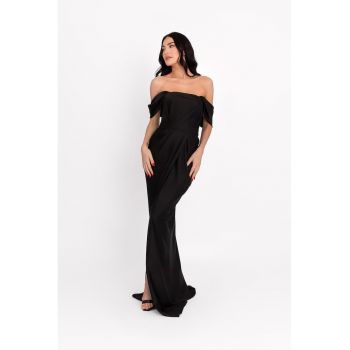 Rochie maxi drapata cu decolteu pe umeri