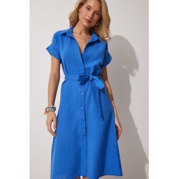 Rochie-camasa de bumbac cu cordon in talie