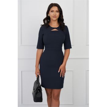 Rochie DY Fashion bleumarin cu decupaj si pliuri la bust ieftina