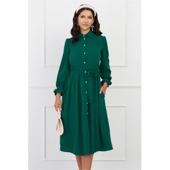 Rochie Dy Fashion verde cu nasturi si cordon in talie ieftina la reducere