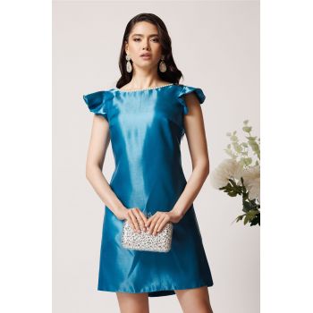 Rochie Moze turcoaz din organza cu perle la decolteu