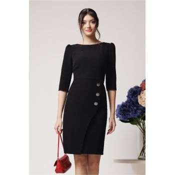 Rochie office din stofa neagra cu nasturi pe fusta ieftina la reducere