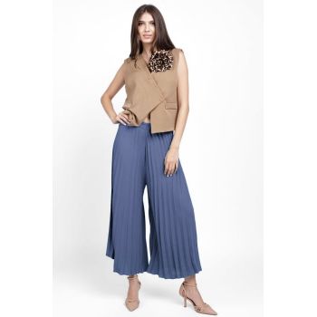 Pantaloni plisati, largi si drepti, albastru jeans