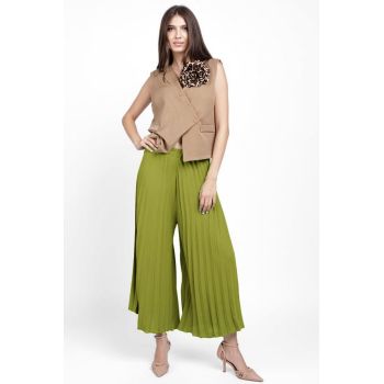 Pantaloni plisati, largi si drepti, verde oliv