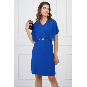Rochie DY Fashion albastra din voal cu accesoriu in talie ieftina la reducere