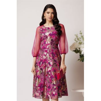 Rochie DY Fashion din voal lila cu imprimeuri florale si maneci din organza