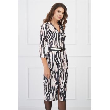 Rochie Simina ivory cu imprimeu negru si fermoar ieftina la reducere