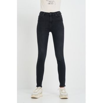 Blugi dama skinny inchisa cu detalii logo -  Negru