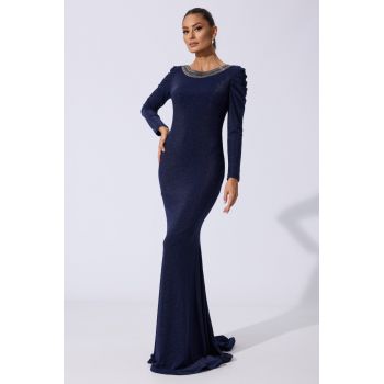 Rochie de ocazie tip sirena cu insertii de fir metalic Kehly Bleumarin