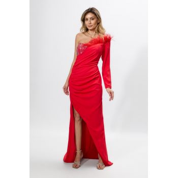 Rochie de ocazie premium tip one shoulder cu strass-uri si pene Fontaine Rosie