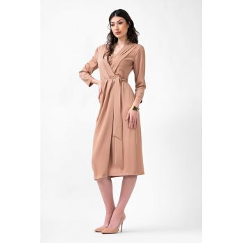 Rochie midi bej cu pliuri si  cordon in talie