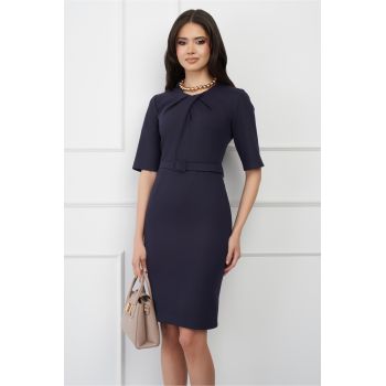 Rochie DY Fashion bleumarin cu pliuri la bust si curea in talie ieftina