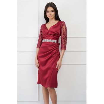 Rochie Ella Collection Atena bordo cu maneci din dantela si cordon in talie ieftina