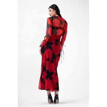 Rochie midi din voal cu print cu trandafiri