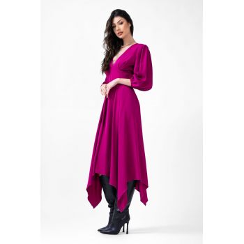 Rochie midi fuchsia cu clini si maneca midi