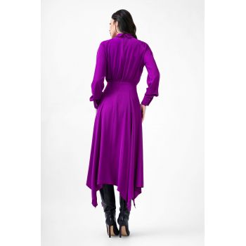 Rochie midi mov cu esarfe la gat