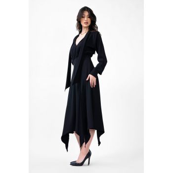 Rochie midi neagra cu esarfe la gat