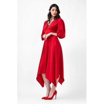 Rochie midi rosie cu clini si maneca midi