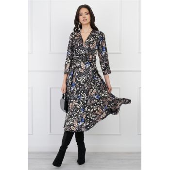 Rochie Moze neagra din satin cu imprimeuri florale ieftina la reducere