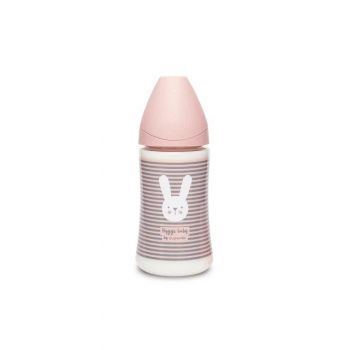 Biberon cu tetina rotunda din silicon cu 3 fluxuri iepuras cu linii roz Hygge Suavinex 270 ml