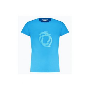 Tricou barbati cu imprimeu cu logo si decolteu la baza gatului - Azur ieftin Tricou barbati cu imprimeu cu logo si decolteu la baza gatului - Azur ieftin
