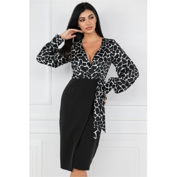 Rochie neagra cu imprimeuri albe pe bust si funda in talie ieftina la reducere