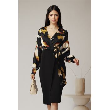 Rochie neagra cu imprimeuri kaki pe bust si funda in talie ieftina la reducere