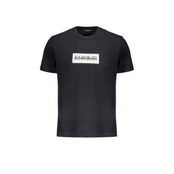 Tricou barbati cu decolteu la baza gatului cu imprimeu cu logo - Negru
