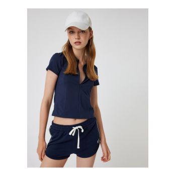 Tricou crop polo cu fermoar