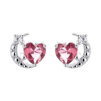 Cercei argint 925, JW1267, model semiluna si inima rosie, placati cu rodiu
