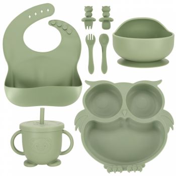 Set 8 piese diversificare hrana bebelusi, Ikonka, din silicon alimentar, durabile si flexibile, Bol si farfurie cu ventuze, tacamuri, Cana cu pai, model Green Owl