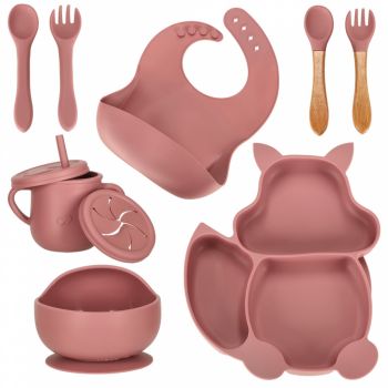 Set diversificare hrana bebelusi, Ikonka, cu 9 elemente din silicon, flexibile fara BPA, Dark Pink Squirrel