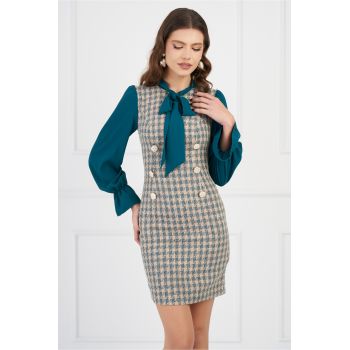 Rochie DY Fashion bej cu imprimeu peptit turcoaz si maneci din voal ieftina