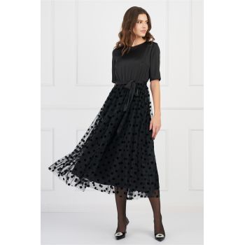 Rochie DY Fashion neagra cu fusta din tull cu buline catifelate