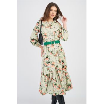 Rochie DY Fashion verde fistic cu imprimeu floral orange si curea in talie ieftina
