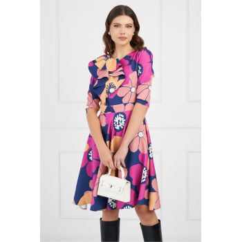 Rochie bleumarin cu imprimeu floral roz ieftina la reducere