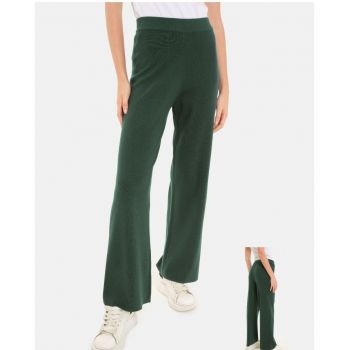Pantaloni largi si drepti, casual, din tricotaj fin, verde inchis
