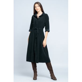 Rochie camasa din catifea reiata, neagra, cu cordon in talie